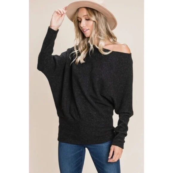 SOLD OUT Black Solid Ribbed Off Shoulder Dolman Sweater - Picture 2 of 5
